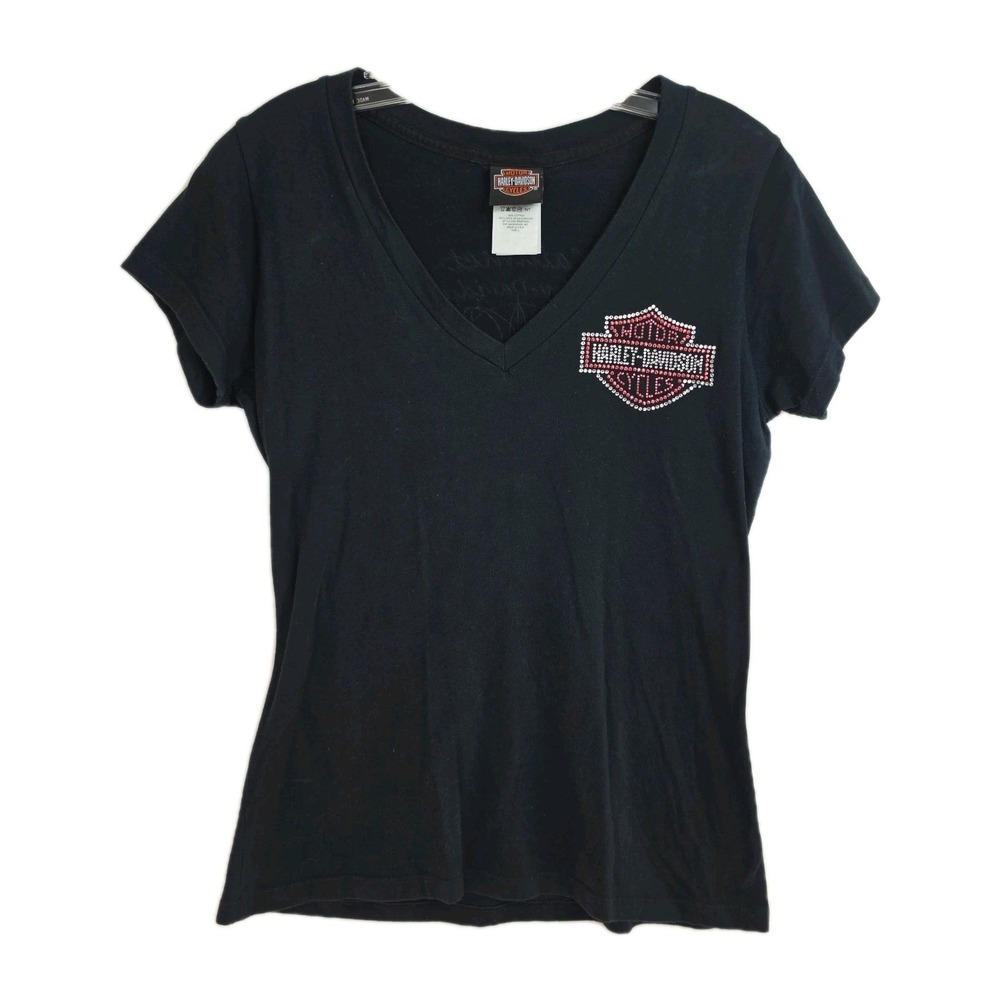 Harley-Davidson‎ T-Shirt Women's L Black Rhinestones Graphic Print Munster IN